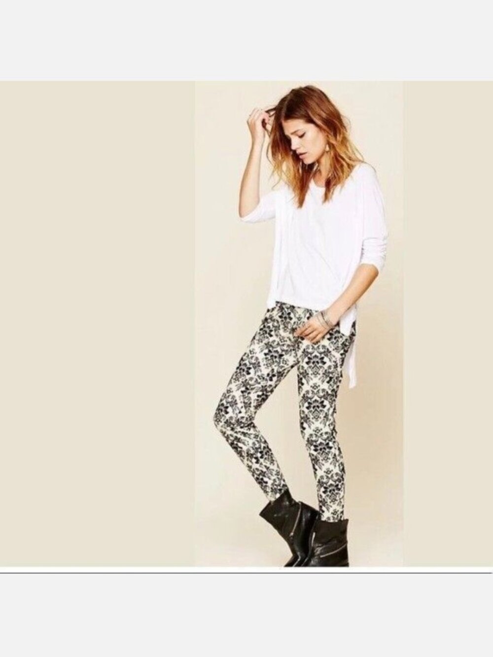 Free People Women's Floral Skinny Jeans Brocade Ivory Black Flocked Denim Damask